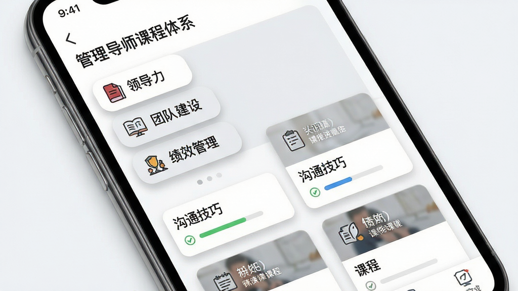 哈佛管理导师课程体系界面,画面展示手机屏幕内分层排列的课程模块,包括领导力、团队建设、绩效管理、沟通技巧等标签,每个模块下方有若干课程卡片和完成进度标记,背景为白色与浅灰色搭配,风格为清爽教育类应用界面,细节包括卡片阴影、图标简洁、文字清晰,画质高清、干净、无多余元素