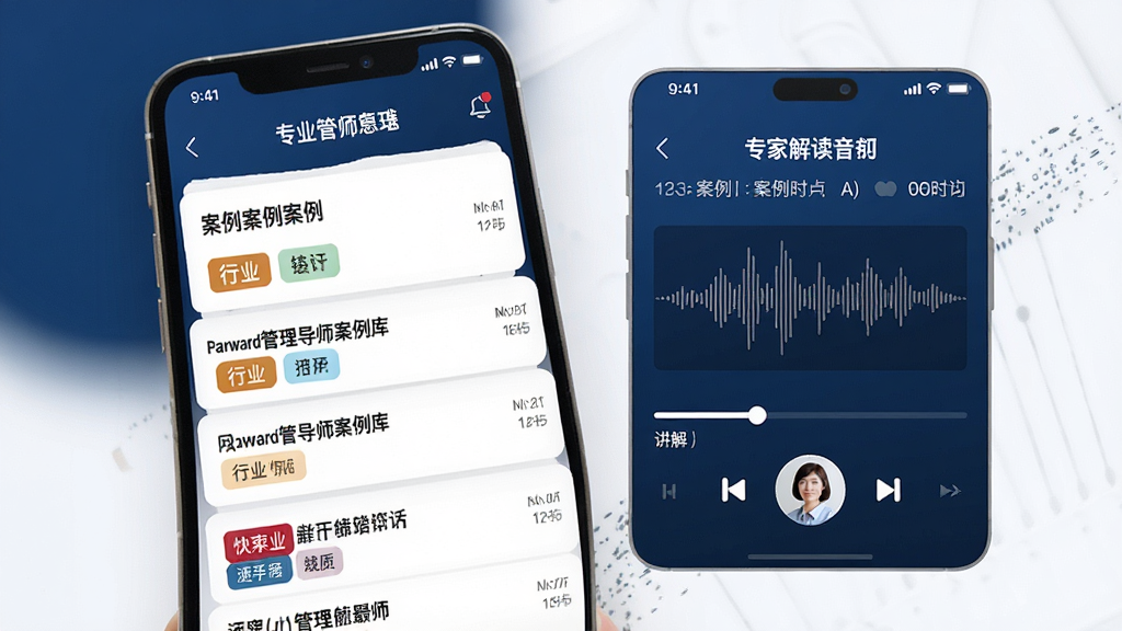 哈佛管理导师案例库界面,画面展示手机屏幕内案例列表和专家解读音频播放器,列表项包含案例标题、行业标签和时长,播放器有进度条和讲解人头像,背景为深蓝色与白色搭配,风格为专业商务学习类应用界面,细节包括音频波形图、标签颜色区分,画质高清、干净、无多余元素