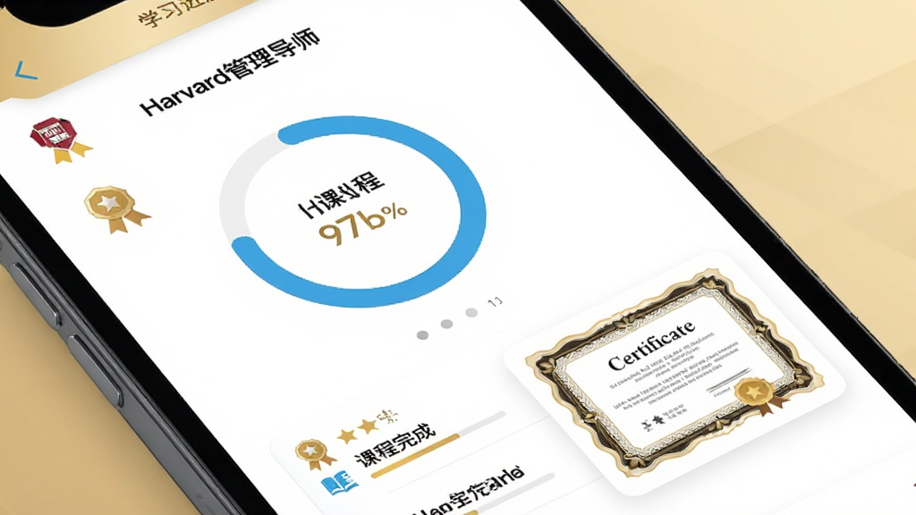 哈佛管理导师学习进度与证书界面,画面展示手机屏幕内个人学习档案页面,包含环形进度图、课程完成列表和一张电子证书缩略图,背景为白色与浅金色搭配,风格为成就激励类应用界面,细节包括勋章图标、进度百分比、证书边框,画质高清、干净、无多余元素