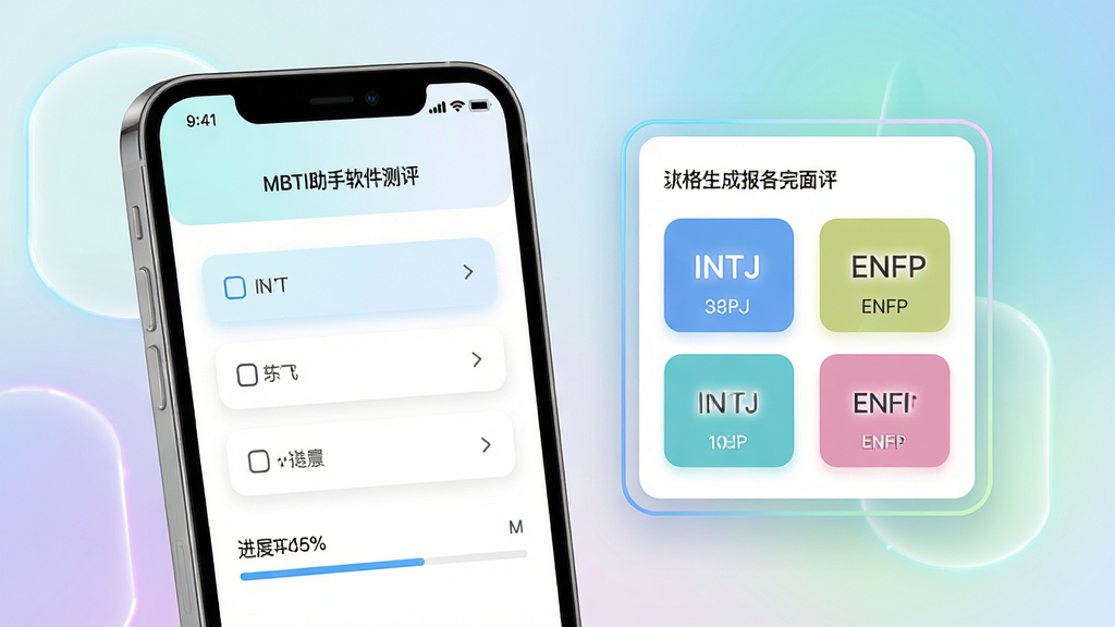 MBTI助手软件测评界面预览图,画面主体为一部手机展示测试题目页面,屏幕中显示四选一答题选项和进度百分比,手机右侧悬浮一份已生成的人格报告卡片,卡片上有INTJ、ENFP等类型标识,布局采用左右分栏构图,风格为清新科技感,细节上加入微光边框和柔和渐变背景,画质高清,干净简洁,无多余元素。