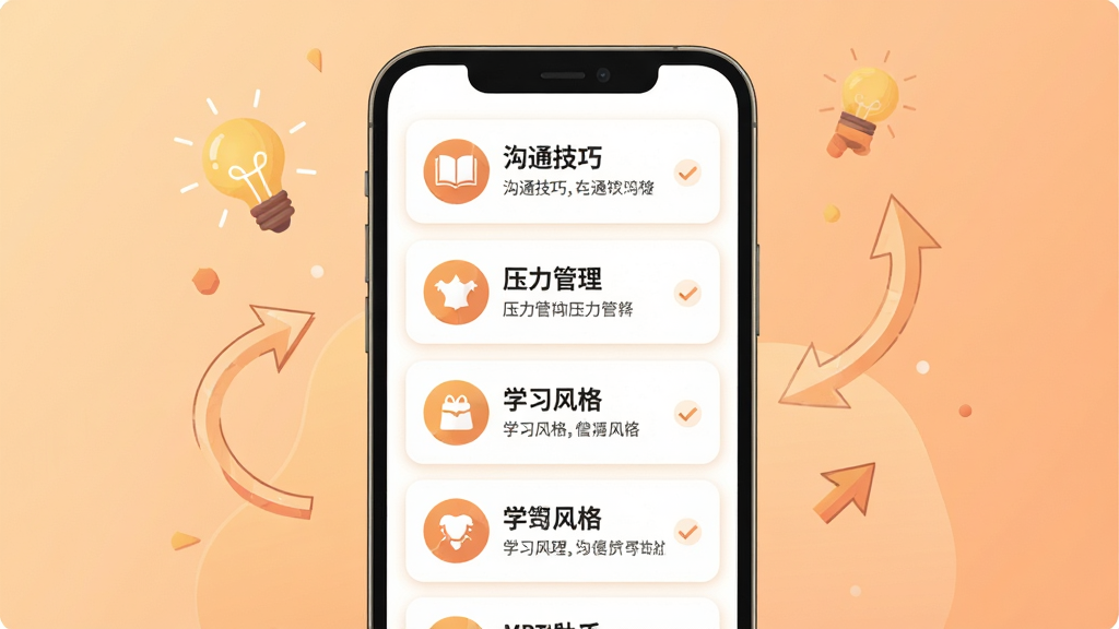 MBTI助手个性化成长建议页面预览图,画面主体为手机屏幕展示建议列表,屏幕上排列着若干条带图标的建议卡片,卡片文字包含沟通技巧、压力管理、学习风格等关键词,手机周围点缀轻量化的装饰元素如小灯泡和箭头图标,布局采用上下结构构图,风格为温暖柔和的扁平插画风,细节上加入淡橙色渐变背景,画质高清,干净整洁,无多余元素。