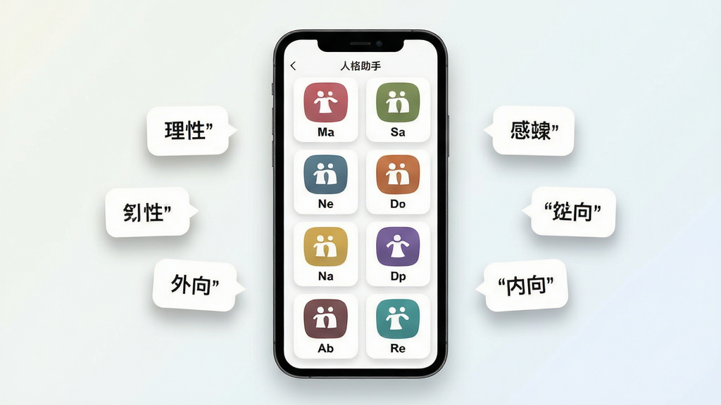 MBTI助手十六型人格数据库界面展示图,画面中央为手机屏幕显示人格列表页面,页面中排列着十六个彩色人格图标,每个图标下方标注类型代号,手机两侧飘浮若干人格关键词标签如理性、感性、外向、内向,布局采用居中对称构图,风格为简约清爽的卡片式设计,细节上加入柔和投影和浅色背景,画质清晰,干净整洁,无多余元素。