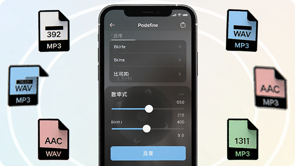 一张Podsfine格式转换功能的示意图,画面中心是手机屏幕显示格式选择列表和参数滑块,旁边有MP3、WAV、AAC等格式图标环绕,背景为浅色渐变,风格清新简约,细节包括比特率数字和导出按钮,画质清晰,干净,无多余元素。