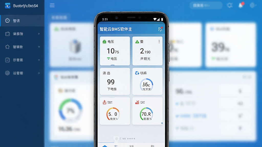 一张展示智能云BMS软件主界面的图片,画面中央是一部安卓手机,屏幕上显示着电池管理仪表盘界面,包含电压、电流、温度、SOC等数据卡片,背景是简洁的科技蓝渐变风格,排版清晰,细节精致,画质清晰,干净无多余元素