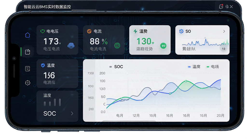 智能云BMS实时数据监控界面展示图,画面主体为手机屏幕,屏幕内呈现电压、电流、温度、SOC等数据卡片和折线趋势图,界面风格为深色科技感,布局整齐,细节丰富,画质清晰,干净无多余元素