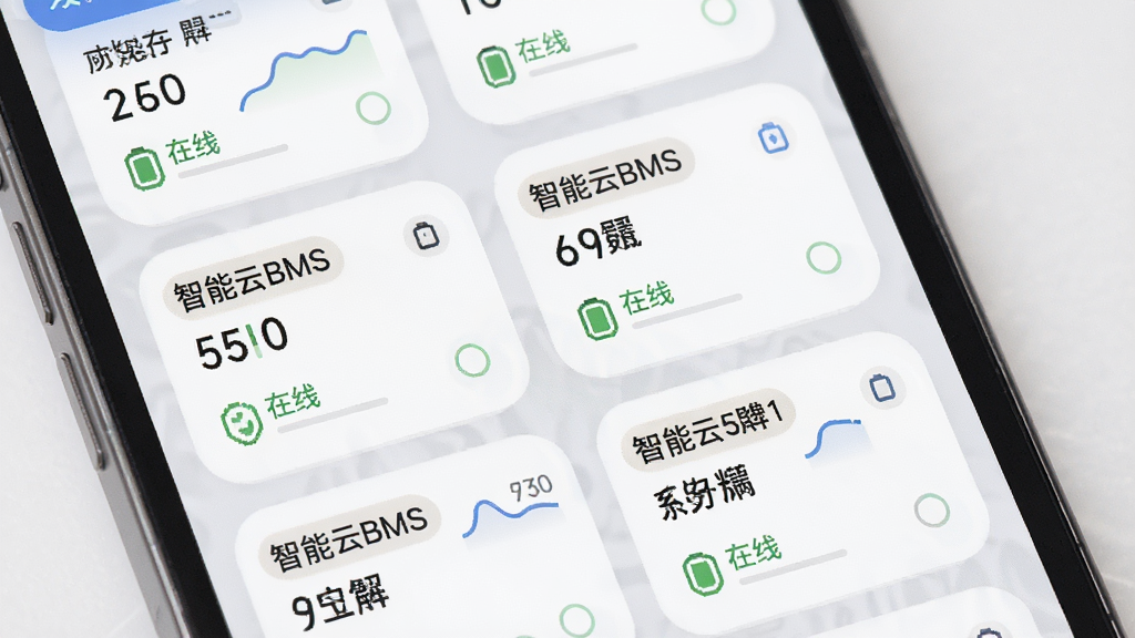 智能云BMS多设备管理列表界面图,画面展示手机屏幕上排列着多个电池设备卡片,每个卡片显示设备名称、电量和在线状态,界面采用柔和圆角风格,布局整洁,细节丰富,画质清晰,干净无多余元素