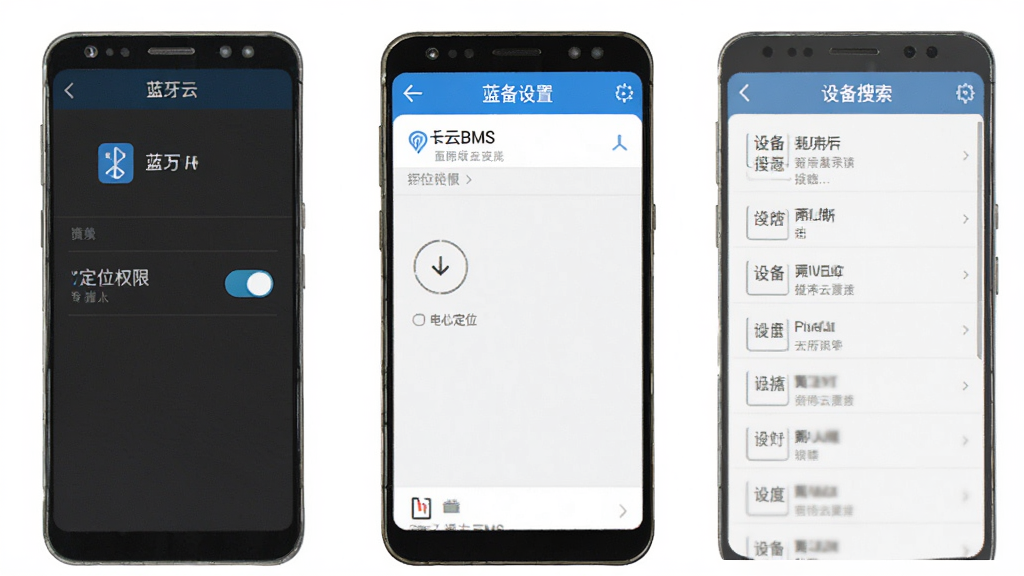 智能云BMS安卓手机蓝牙连接设置界面示意图,画面展示手机设置中的蓝牙和定位权限开关,以及软件内的设备搜索列表,界面风格简洁明了,排版清晰,细节到位,画质清晰,干净无多余元素