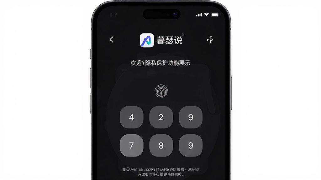 暮瑟说隐私保护功能展示,主体为手机屏幕中的密码锁界面,布局中央为四位数字输入框,排版上方有暮瑟说图标与欢迎语,风格为深色护眼模式,细节包含指纹识别图标与隐私说明小字,画质高清干净无多余元素
