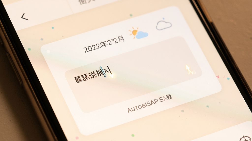 暮瑟说书写界面特写,主体为手机屏幕中的文字编辑区域,布局采用居中卡片式输入框,排版上方有日期与天气小图标,风格为柔和暖色调,细节包含光标闪烁效果与自动保存提示小字,画质清晰干净无多余元素