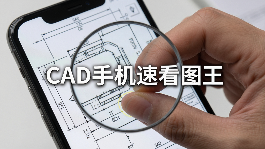一部手机屏幕中显示CAD图纸的局部放大效果,手指正在屏幕上进行双指捏合缩放操作,图纸线条清晰锐利,背景为浅灰色简洁风格,画面中央有“CAD手机速看图王”文字,整体布局直观明了,风格写实,细节丰富,画质高清,无多余元素