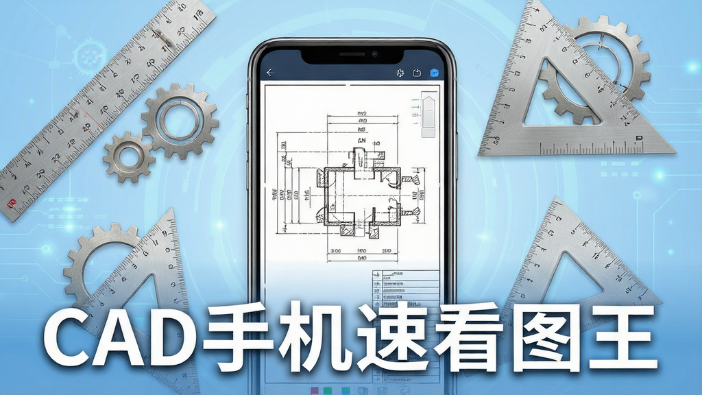 一张展示CAD手机速看图王应用界面的效果图,画面中央是一部智能手机,手机屏幕上显示着清晰的CAD工程图纸,图纸线条精细、标注完整,手机周围环绕着齿轮、直尺、三角板等工程元素,背景为浅蓝色渐变科技风格,整体布局简洁大气,风格写实科技感强,细节丰富,画质高清干净,画面中带有文字“CAD手机速看图王”,无多余元素