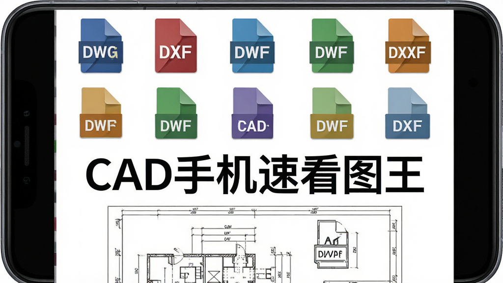 一部智能手机屏幕中展示着多种CAD文件格式图标排列,DWG、DXF、DWF等字样清晰可见,图标整齐排列在手机屏幕上方,下方显示一张完整的CAD图纸,背景为白色简洁风格,画面中央有“CAD手机速看图王”文字,整体布局干净有序,风格扁平化设计,细节清晰,画质高清,无多余元素