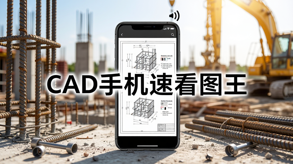一部手机放置在户外工地场景中,手机屏幕显示CAD图纸,周围有钢筋水泥等建筑元素,手机上方显示无网络信号图标但图纸依然正常打开,背景为明亮的户外光线,画面中央有“CAD手机速看图王”文字,整体布局突出离线可用,风格写实,细节丰富,画质高清,无多余元素
