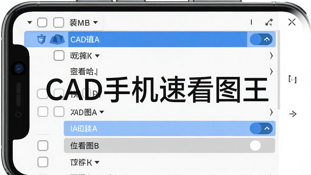 手机屏幕中展示CAD图纸的图层管理面板,多个图层名称列表排列整齐,部分图层处于开启状态,部分处于关闭状态,背景为白色简洁风格,画面中央有“CAD手机速看图王”文字,整体布局清晰有序,风格扁平化,细节清晰,画质高清干净,无多余元素