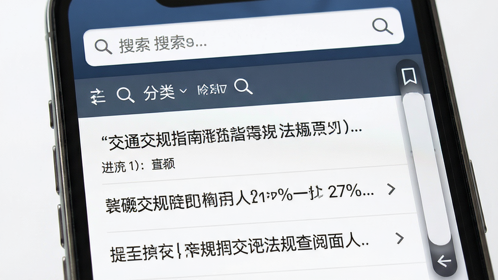 交通交规指南通法规查阅界面,主体为手机屏幕展示法规条文列表,布局上方为搜索框下方为分类目录,排版清晰,风格商务简约,细节包含放大镜图标、书签标记、滚动条,画质高清干净无多余元素