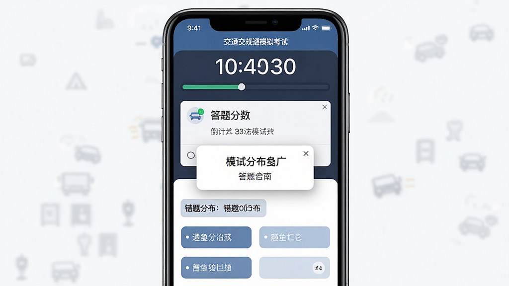 交通交规指南通模拟考试界面,主体为手机屏幕展示考试倒计时与答题卡,布局上方为计时器与进度下方为题目与选项,排版规整,风格严肃专业,细节包含考试分数弹窗、错题分布图表,画质高清干净无多余元素