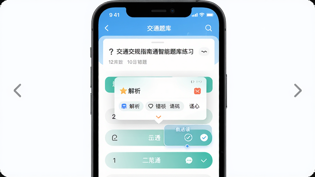 交通交规指南通智能题库练习界面,主体为手机屏幕展示答题页面,布局上方为题目区域下方为选项按钮,排版简洁,风格清新,细节包含选中答案的高亮效果、解析弹窗、错题标记图标,画质高清干净无多余元素