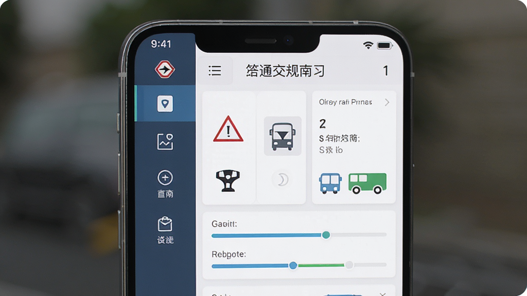 交通交规指南通手机应用界面展示,主体为一部智能手机竖屏显示题库练习页面,布局左侧为功能导航栏,右侧为答题区域,排版清晰整洁,风格简约现代,细节包含交通图标、答题卡、进度条等元素,画质高清干净无多余元素
