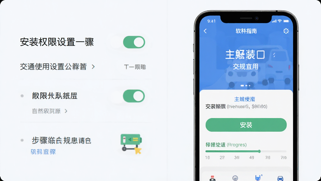交通交规指南通安装使用步骤示意图,主体为手机屏幕展示安装权限设置与主界面,布局左侧为设置步骤右侧为软件首页,排版清晰,风格扁平化,细节包含权限开关、安装按钮、进度条,画质高清干净无多余元素