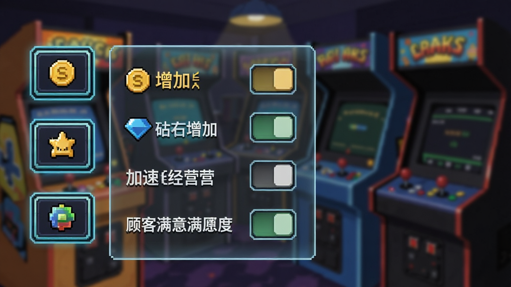 复古街机大亨(辅助菜单)辅助菜单功能界面截图,画面左侧为悬浮按钮,点击后展开半透明菜单面板,面板上排列着金币增加、钻石增加、加速经营、顾客满意度等开关选项,背景是模糊的街机厅场景,像素风格UI,按钮带有复古电子感,布局清晰,风格为像素科技风,细节包括像素字体、发光边框,画质清晰,干净,无多余元素