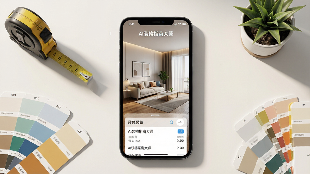 一张展示AI装修指南大师软件界面的场景图,主体为手机屏幕中显示现代简约风格的客厅3D效果图与装修预算列表,布局采用居中构图,手机周围环绕卷尺、色卡、小盆栽等装修元素,排版干净有序,风格为现代科技感与家居温馨感结合,细节包含屏幕内清晰可见的