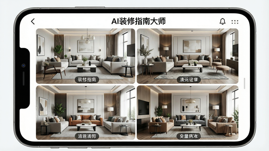 一张AI装修指南大师风格模板预览功能的场景图,主体为手机屏幕中展示同一客厅空间在四种不同装修风格下的对比效果,布局为2x2网格排列,排版整齐,风格为清新明亮,细节包含