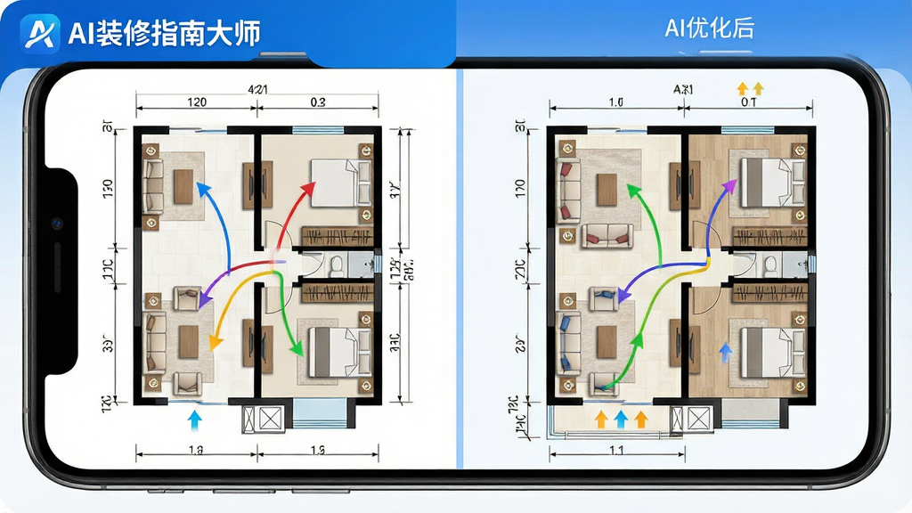 一张AI装修指南大师智能户型识别功能的界面展示图,主体为手机屏幕中显示带有彩色动线标注的户型平面图,布局为左右分栏,左侧为原始户型图,右侧为AI优化后的家具布局方案,排版清晰,风格为科技蓝与白色搭配的简洁风,细节包含