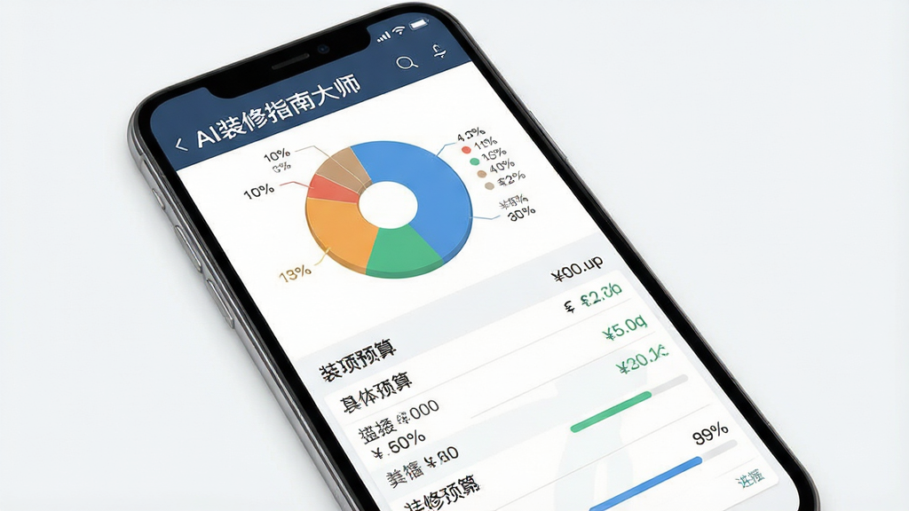 一张AI装修指南大师预算估算功能的界面图,主体为手机屏幕中显示带有饼状图和明细列表的装修预算表,布局为上下结构,上方为饼状图展示各项占比,下方为列表展示具体金额,排版清晰,风格为商务简洁,细节包含