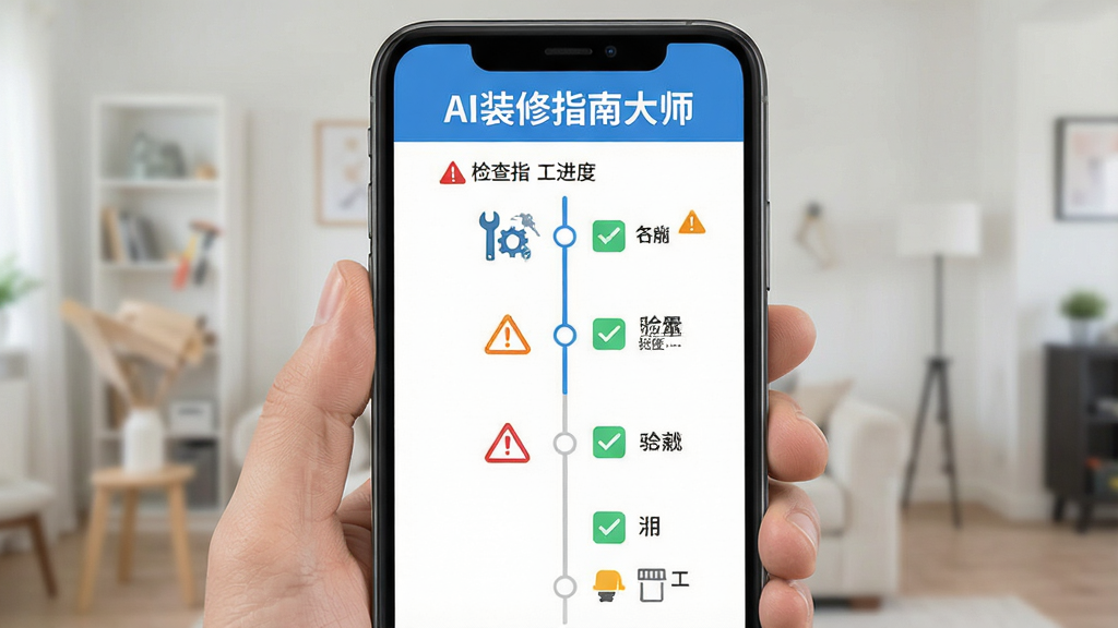 一张AI装修指南大师施工流程提醒功能的界面图,主体为手机屏幕中显示带有时间轴和检查清单的施工进度页面,布局为垂直时间轴样式,排版清晰,风格为扁平化设计,细节包含