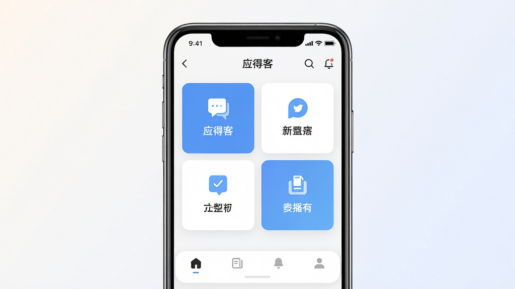 一张展示应得客应用整体界面的手机预览图,画面中央是一部现代智能手机,手机屏幕上显示应得客的首页布局,包含清晰的功能模块图标和简洁的导航栏,背景为干净的浅色渐变,风格现代简约,细节精致,画质高清,干净无多余元素