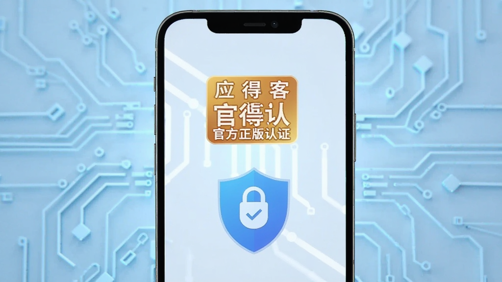 一部智能手机屏幕显示应得客官方正版认证标识和安全盾牌图标,背景为淡蓝色科技感线条,画面简洁干净,突出安全与正版主题,画质高清,无多余元素