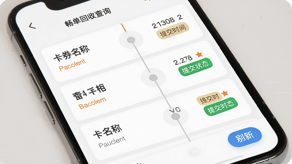 �����ն������Ȳ�ѯ���棬����Ϊ�ֻ���Ļ����Ļ��ʾ�����б���ÿ������������ȯ���ơ���ֵ���ύʱ���״̬��ǩ������Ϊ�����б����Ű����������Ϊ���ż���磬ϸ�ڰ���״̬��ɫ���֡�ʱ����ڵ㡢ˢ�°�ť�������������ɾ����޶���Ԫ��