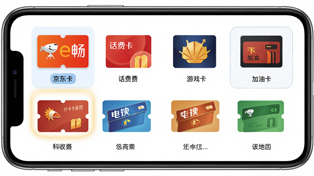 �����տ�ȯ����չʾҳ�棬����Ϊ�ֻ���Ļ����Ļ����������ʽ���ж��ֿ�ȯͼ�꣬��������e�������ѿ�����Ϸ�㿨�����Ϳ��ȣ�����Ϊ���������Ű����룬���Ϊ����ǳɫϵ��ϸ�ڰ���ÿ��ͼ���·������ֱ�ǩ��ѡ�и���Ч�������ʸ��壬�ɾ����޶���Ԫ��
