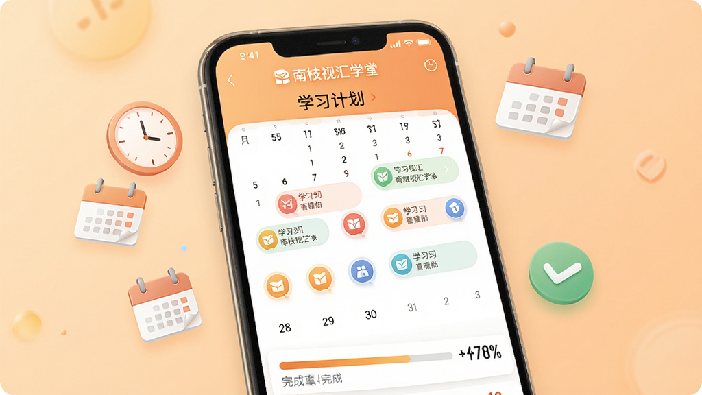 画面展示南枝视汇学堂APP的学习计划界面,屏幕中央是一个日历视图,标注了多个学习任务图标,下方有进度条和完成百分比;手机旁边漂浮着时钟、日历、对勾等图标;背景为温暖的浅橙色渐变,整体风格清新柔和,排版清晰,细节包括界面上的文字“南枝视汇学堂”和“学习计划”清晰可见,画质高清,无多余元素