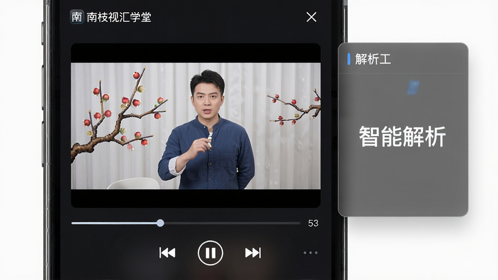 画面主体为南枝视汇学堂APP的播放界面,屏幕中央正在播放一段教学视频,画面清晰,下方有进度条和播放控制按钮;屏幕右侧悬浮着一个半透明的解析工具面板,显示“智能解析”字样;背景为深色模式下的手机界面,整体风格简洁科技感,排版突出播放区域,细节包括界面上的文字“南枝视汇学堂”清晰可见,画质高清,干净无多余元素