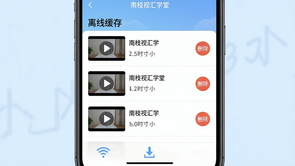 画面展示南枝视汇学堂APP的离线缓存管理界面,屏幕中列出多个已下载的视频文件,每个文件显示名称、大小和时长,右侧有删除按钮;手机下方有WiFi信号图标和下载箭头;背景为淡蓝色,整体风格清爽整洁,排版列表化,细节包括界面上的文字“南枝视汇学堂”和“离线缓存”清晰可见,画质高清,无多余元素