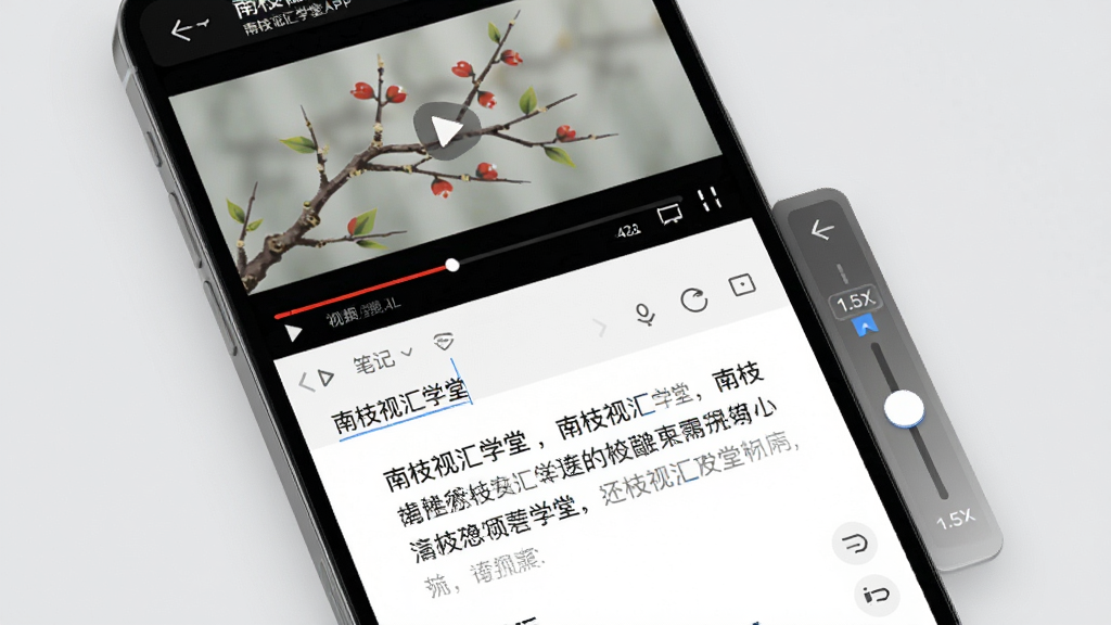 画面主体为南枝视汇学堂APP的视频播放界面,屏幕上方为视频画面,下方为笔记编辑区域,显示正在输入文字;屏幕一侧有倍速调节滑块,标注“1.5X”;背景为浅灰色,整体风格简约商务,排版突出笔记与播放的联动,细节包括界面上的文字“南枝视汇学堂”清晰可见,画质高清,干净无多余元素