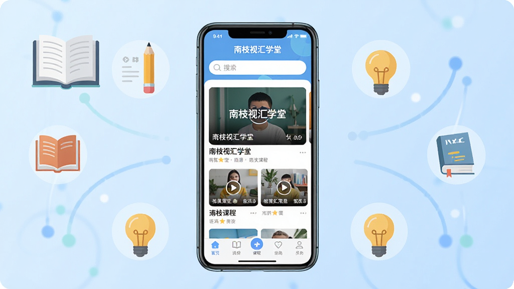 画面中央展示一部智能手机,手机屏幕内呈现南枝视汇学堂APP的主界面,界面布局清晰,上方有搜索栏,中部为视频课程卡片列表,底部为导航菜单;手机周围环绕着书籍、铅笔、灯泡等学习元素图标,背景为柔和的浅蓝色渐变;整体风格为扁平化科技风,色彩明亮干净,排版居中对称,细节包括界面上的文字“南枝视汇学堂”清晰可见,画质高清,无多余杂乱元素