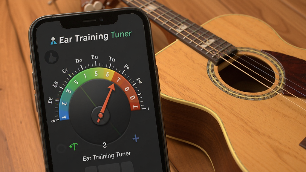 一张展示Ear Training Tuner调音器功能的图片,画面中手机屏幕显示调音指针与音名刻度,屏幕旁边放着一把木吉他,背景为温暖的木质桌面,风格自然写实,细节清晰,画质干净,无多余元素