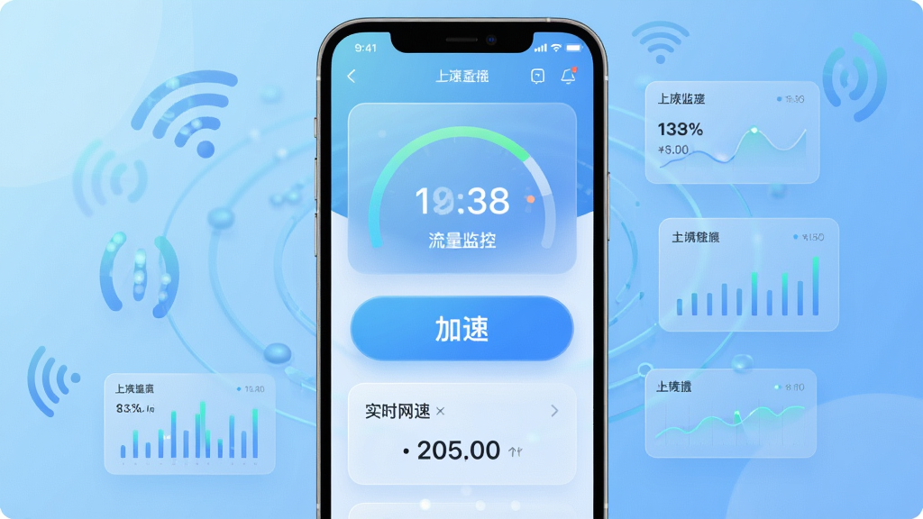 手机屏幕中央展示流量极速工具应用主界面,界面包含流量监控仪表盘、加速按钮和实时网速显示,背景为浅蓝色渐变科技风格,四周环绕信号波纹图标和流量数据图表,整体排版简洁明了,风格清爽现代,细节包含数字跳动效果和半透明卡片,画质高清,画面干净,无多余元素