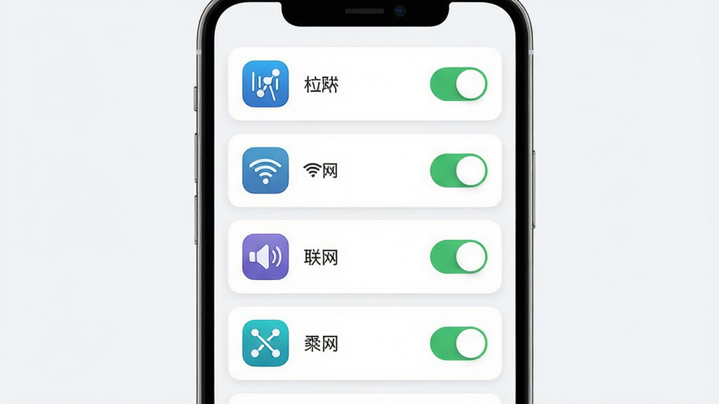 流量极速工具应用联网管理界面,画面主体为手机屏幕显示应用列表和联网开关按钮,布局为上下排列的应用图标与开关控件,排版清晰,风格为简约卡片式设计,细节包含移动数据和WiFi图标区分,画质高清,画面干净,无多余元素