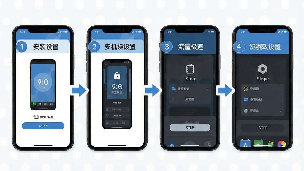 流量极速工具手机端操作步骤示意图,画面主体为手机屏幕展示从安装到设置的四个步骤界面,布局为从左到右排列的步骤卡片,排版清晰有序,风格为扁平化教程风格,细节包含数字序号和箭头指引,画质高清,画面干净,无多余元素