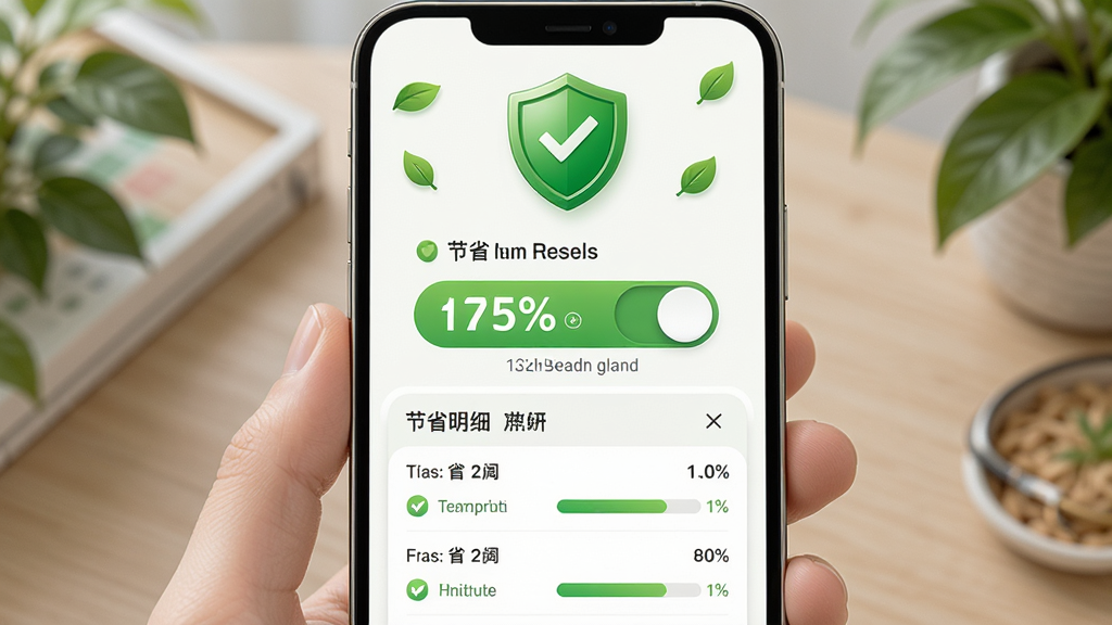 流量极速工具流量节省模式界面,画面主体为手机屏幕显示省流模式开关和节省流量统计数字,布局上方为绿色盾牌图标,下方为节省明细列表,风格为清新环保风,细节包含树叶元素和百分比进度条,画质高清,画面干净,无多余元素