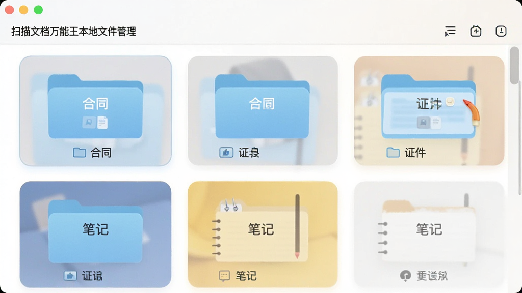 扫描文档万能王本地文件夹管理界面,屏幕显示多个分类文件夹,如合同、证件、笔记,界面采用卡片式布局,风格清新,细节清晰,画质干净