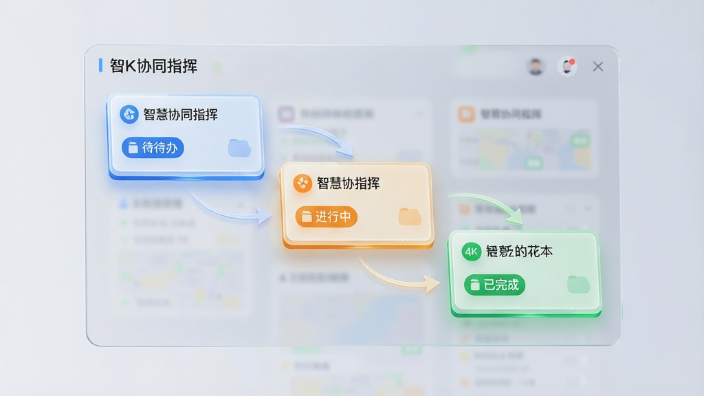 画面主体为一块悬浮的半透明任务管理面板,面板中显示“智慧协同指挥”任务卡片,包含待办、进行中、已完成三种状态标签;布局采用左上到右下的斜向排列;排版上卡片错落有致,以箭头串联流程;风格为轻拟物科技风;细节上卡片边缘有微光描边,状态图标色彩区分明显;画质为4K超清,干净无多余元素。