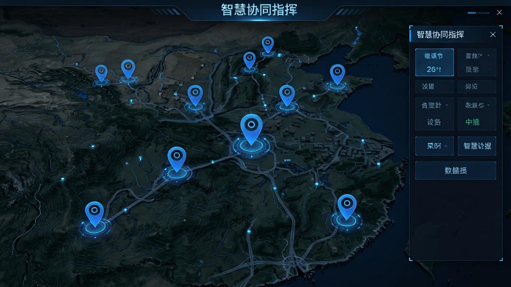 画面主体为一张三维电子地图,地图上分布着多个蓝色定位图标与“智慧协同指挥”的调度面板;布局采用全屏地图铺底,右侧悬浮操作栏;排版上地图占据主要面积,调度按钮整齐排列;风格为深色科技数据可视化风;细节上地图有等高线与路网纹理,定位图标带有脉冲光晕;画质为4K超清,干净无多余元素。