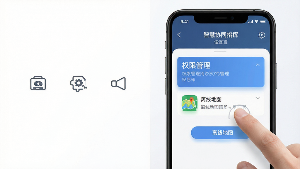 画面主体为一部手机展示“智慧协同指挥”的设置界面,界面中高亮显示权限管理与离线地图选项;布局采用手机侧视图,旁边有手指点击屏幕的示意;排版上手机占据右侧三分之二,左侧留白并配以简洁图标;风格为现代移动端UI展示风;细节上屏幕内文字清晰,按钮带有按压反馈效果;画质为4K超清,干净无多余元素。