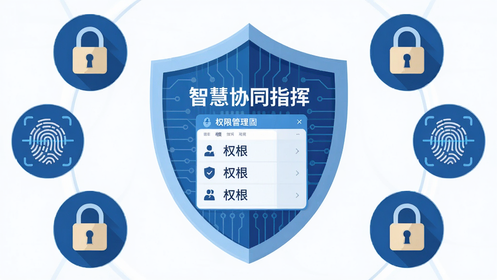 画面主体为一个盾牌形状的安全图标与“智慧协同指挥”权限管理界面结合;布局采用盾牌居中,四周环绕锁形与指纹识别图标;排版上安全元素对称分布;风格为扁平化安全主题插画;细节上盾牌表面有电路纹理,权限列表清晰可见;画质为高清矢量质感,干净无多余元素。