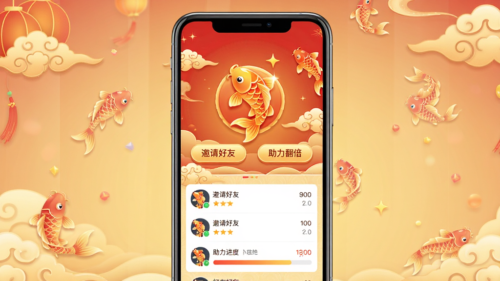一张锦鲤福运软件好友助力页面展示图,画面为手机屏幕,屏幕内显示邀请好友界面,页面中央有一个金色锦鲤图标,两侧有