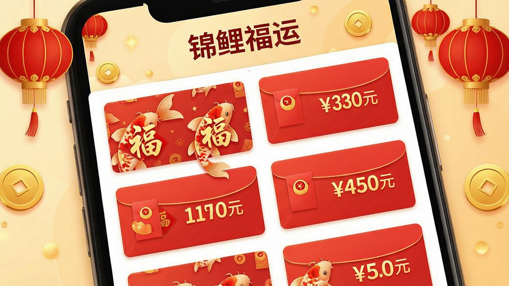 一张锦鲤福运软件红包福利页面展示图,画面为手机屏幕特写,屏幕内显示红包列表,每个红包封面印有锦鲤图案和